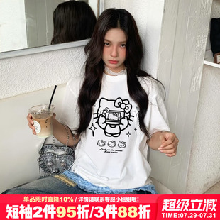 小众ins甜酷风白色正肩t恤女短袖 Kitty猫印花上衣潮 2025新款 爆款