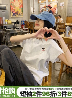 小众高级感宽松正肩花灰色短袖女