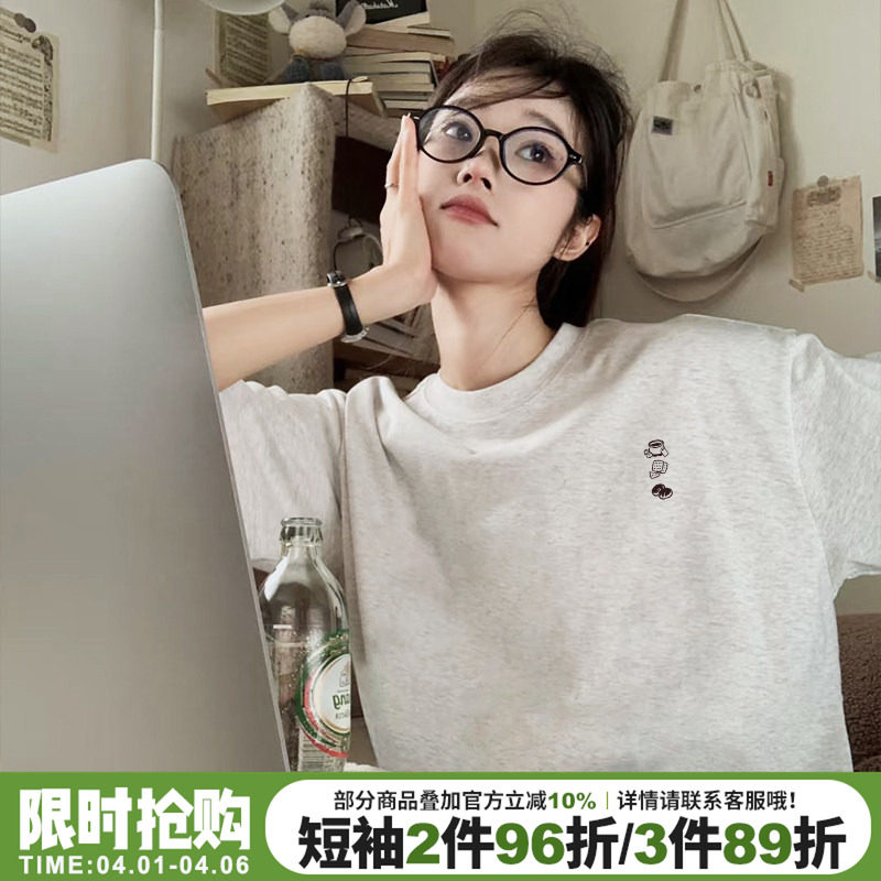 2026新款简约风休闲百搭纯棉花灰色短袖t恤女韩系复古半袖上衣夏