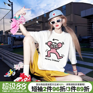 美式街头嘻哈风设计感卡通印花白色短袖t恤女大版宽松重磅上衣潮