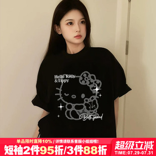 t恤女宽松显瘦纯棉正肩上衣夏 vibe甜酷风卡通Kitty猫印花黑色短袖