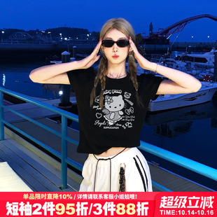 超火甜酷风宽松显瘦黑色短款 上衣 t恤女小众设计感Kitty猫印花半袖