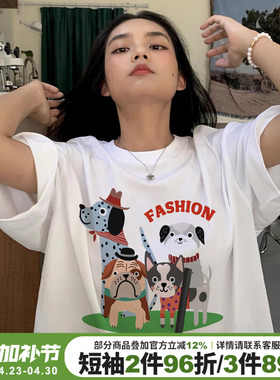 oversize大版宽松白色纯棉短袖t恤女小众设计感卡通印花半袖上衣