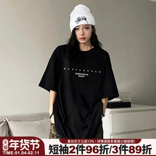 hiphop嘻哈风设计感字母印花黑色短袖女t恤大版宽松显瘦正肩上衣