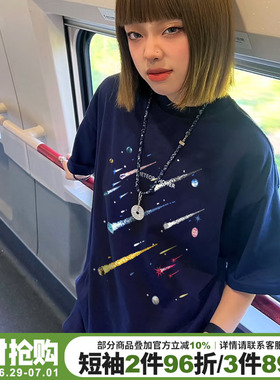 街头风小众潮牌藏蓝色短袖t恤女宽松显瘦超显白美式重磅半袖上衣