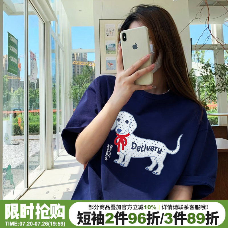 美式学院风宽松显瘦藏蓝色短袖t恤女高级感休闲腊肠狗印花上衣潮