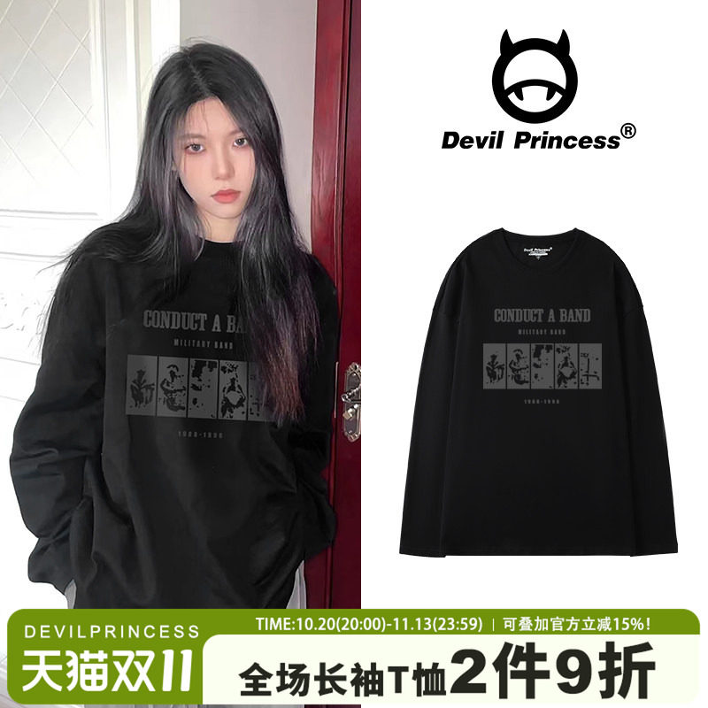 美式街头风ins潮酷打底t恤女上衣oversize高街设计感长袖黑色上衣