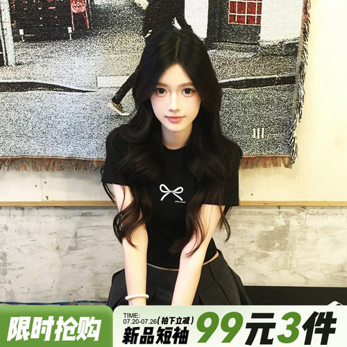 酷感甜美风修身显瘦黑色短袖女夏