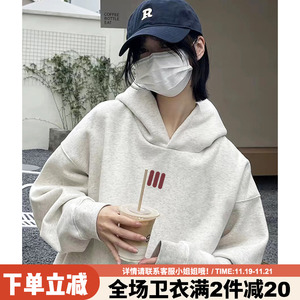 美式慵懒风设计感韩系宽松花灰色连帽卫衣女2024秋冬新款秋冬上衣