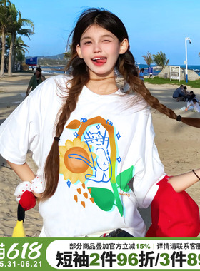 夏日童趣风卡通印花白色正肩t恤女短袖宽松休闲百搭纯棉半袖上衣