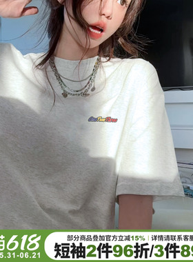 韩系慵懒风花灰色短袖t恤女宽松显瘦字母印花小众设计感纯棉上衣