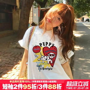 美式 纯棉上衣夏 学院风小众设计感卡通潮牌白色短袖 t恤女宽松大版