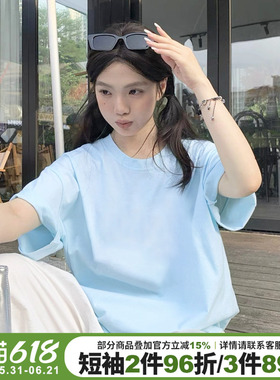 2026夏季新款奶呼呼天蓝色短袖t恤女宽松休闲百搭纯棉半袖上衣潮