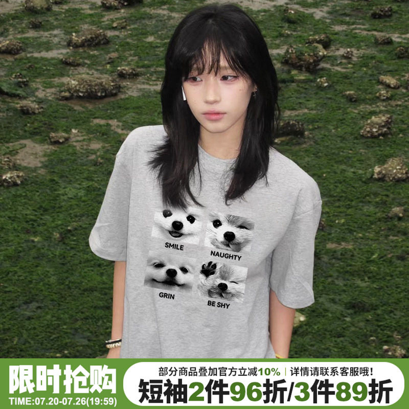 韩系高级感百搭纯棉灰色短袖t恤女小众卡通狗狗印花宽松重磅上衣