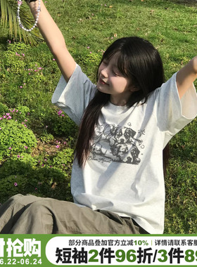 ulzzang小众可爱复古风百搭纯棉花灰色短袖t恤女宽松减龄半袖上衣