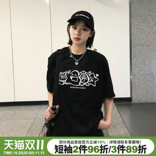 设计感小众ins风超火黑色短袖t恤女甜酷涂鸦风卡通印花重磅上衣潮
