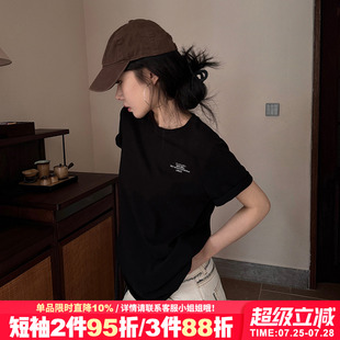 小众潮牌百搭休闲纯棉半袖 高级感宽松显瘦黑色正肩t恤女短袖 上衣