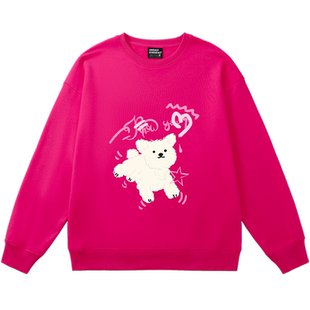 ulzzang小众可爱风卡通印花玫红色卫衣女chic减龄薄款无帽上衣潮