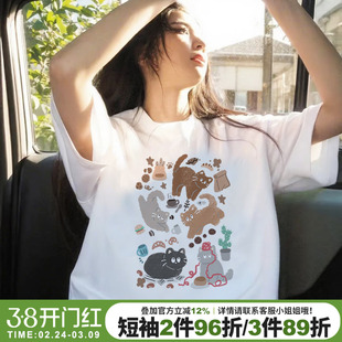 ulzzang小众设计感宽松白色正肩t恤女短袖可爱涂鸦风减龄正肩上衣