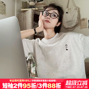 2025新款 上衣夏 简约风休闲百搭纯棉花灰色短袖 t恤女韩系复古半袖