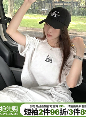 2026夏季新款高级感简约风花灰色短袖t恤女宽松休闲百搭正肩上衣