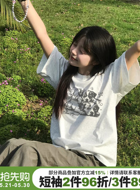 ulzzang小众可爱复古风百搭纯棉花灰色短袖t恤女宽松减龄半袖上衣
