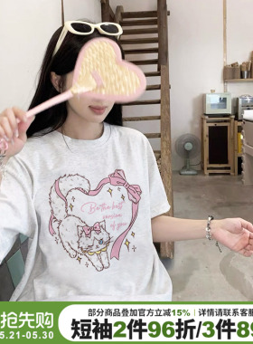 chic甜美慵懒风宽松纯棉花灰色短袖t恤女超好看百搭纯棉半袖上衣