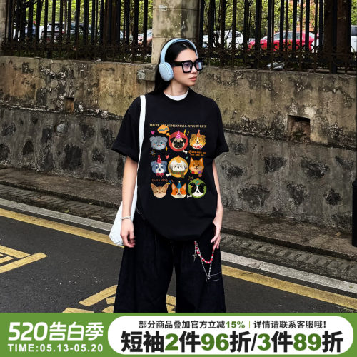 美式学院风卡通潮牌黑色短袖女夏