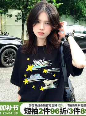 chic小众韩系慵懒风可爱流星猫印花短袖t恤女宽松百搭纯棉上衣夏