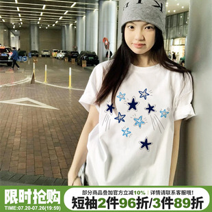 美式复古星星印花白色短袖t恤女2026新款ins风百搭纯棉正肩上衣夏