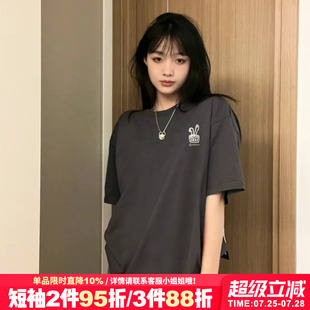 上衣 街头风卡通潮牌深灰色正肩t恤女短袖 宽松大版 纯棉打底衫 半袖