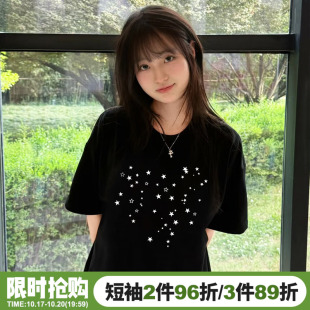 超火ins风黑色正肩t恤女短袖2026新款爆款宽松显瘦纯棉半袖上衣潮