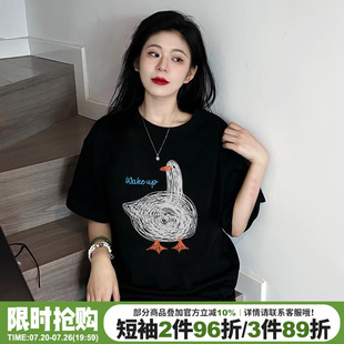 ulzzang小众涂鸦风黑色正肩t恤女短袖宽松减龄纯棉重磅半袖上衣夏