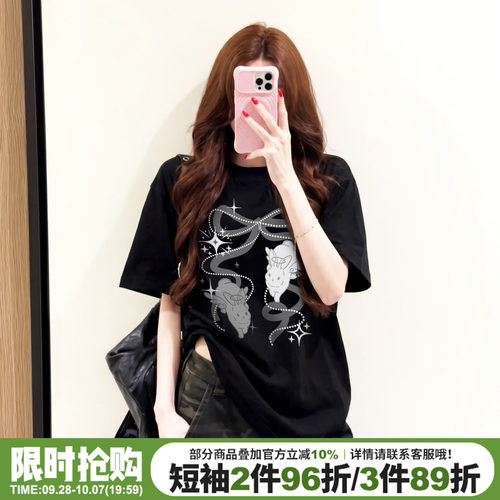 小众设计感卡通印花黑色短袖女夏