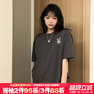 半袖 纯棉打底衫 上衣 宽松大版 街头风卡通潮牌深灰色正肩t恤女短袖