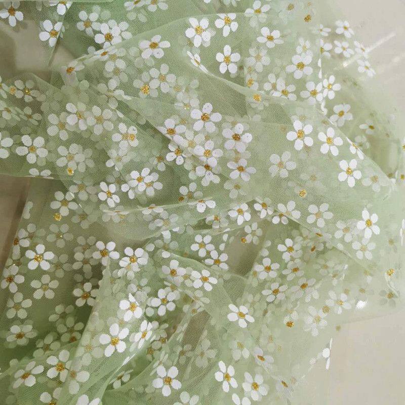 柔软杏色香槟白绿色梅花朵烫金透明网纱布料连衣裙礼服面料布料