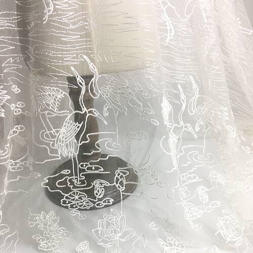 2023春夏新款白色网纱仙鹤刺绣蕾丝花边服装连衣裙汉服面料绣花布