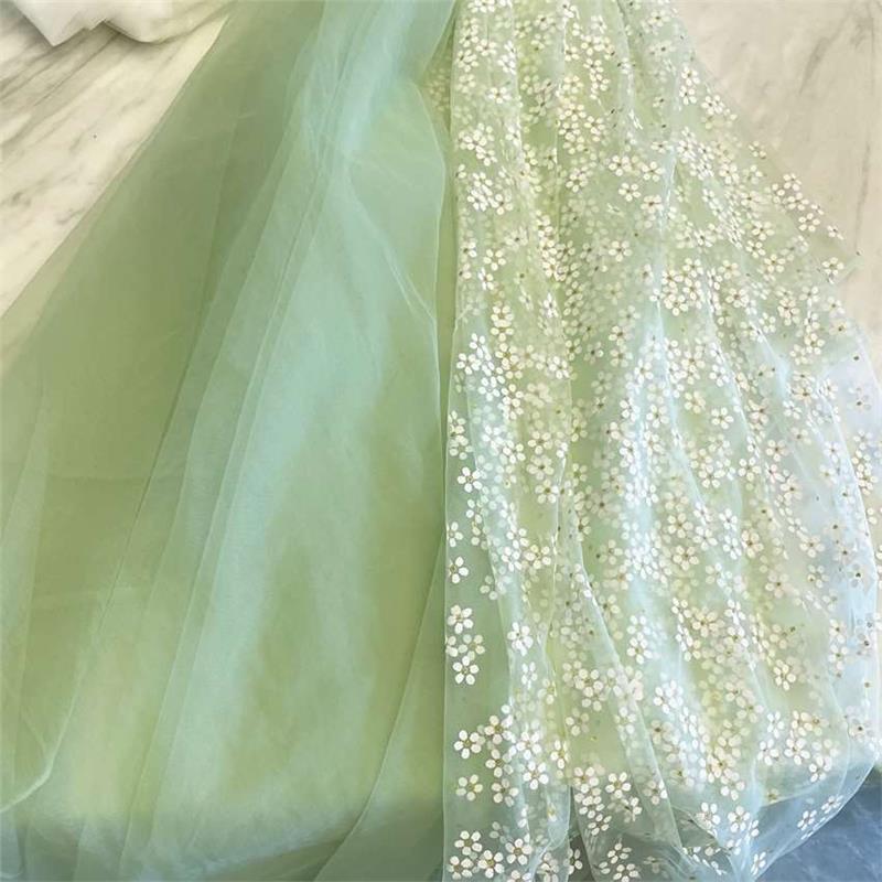 香槟浅绿色梅花烫金儿童裙桌布料连衣裙礼服婚纱面料批发纱裙蕾丝