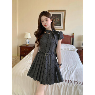 大码女装富家千金风灰色波点连衣裙蝴蝶结设计感甜美收腰短裙