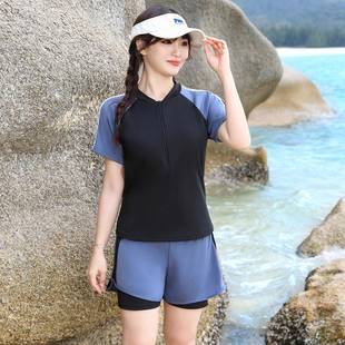 泳衣分体保守温泉胖mm200斤游泳馆专用短袖 大码 平角微胖女孩0722r