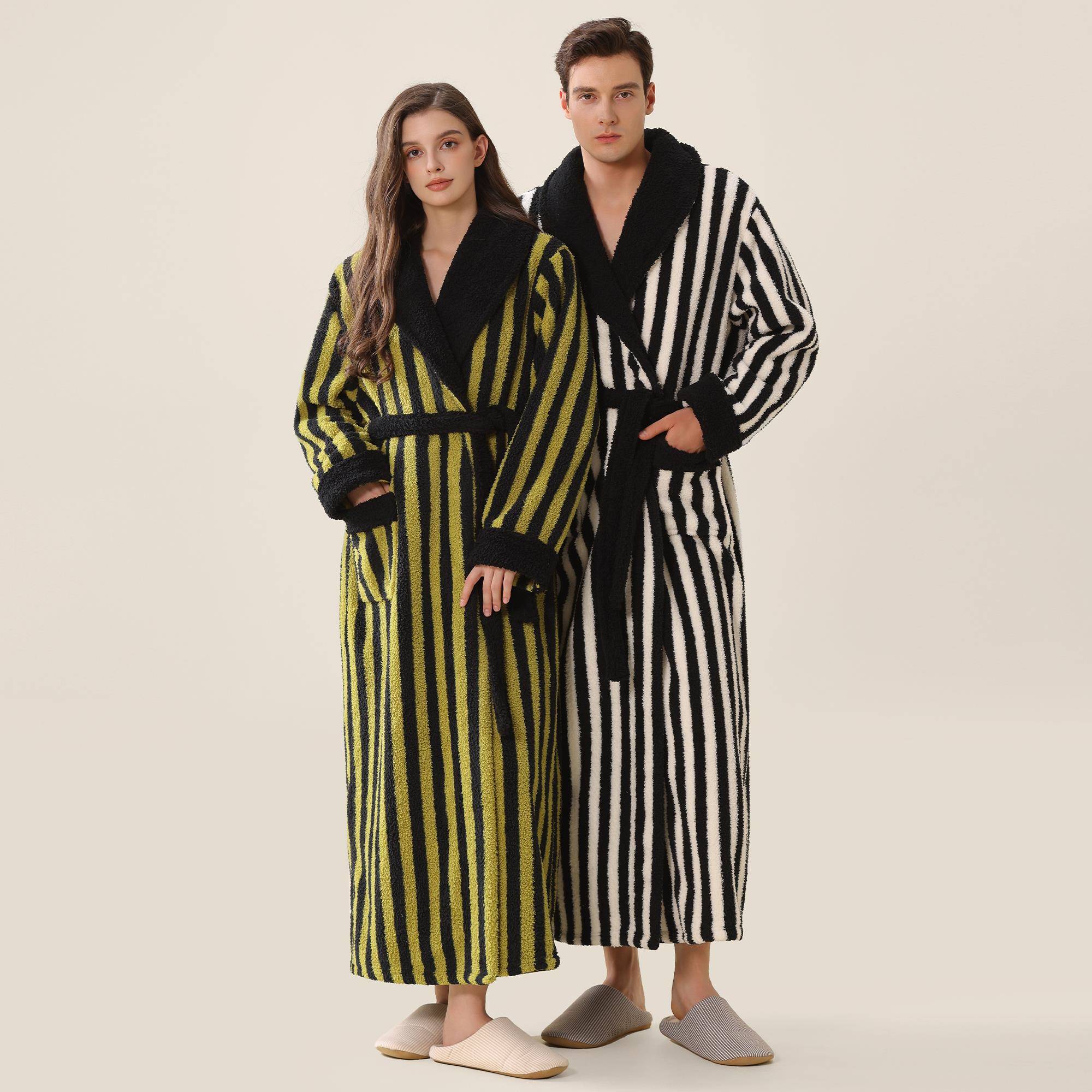 秋冬2025新款睡袍情侣秋冬加绒加厚法兰绒浴袍女睡衣男条纹1009c