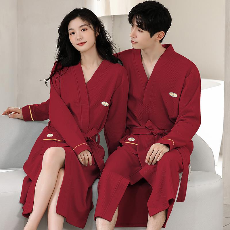 秋冬红色结婚新婚情侣睡袍女款秋季中长款本命年男士睡衣浴1009c