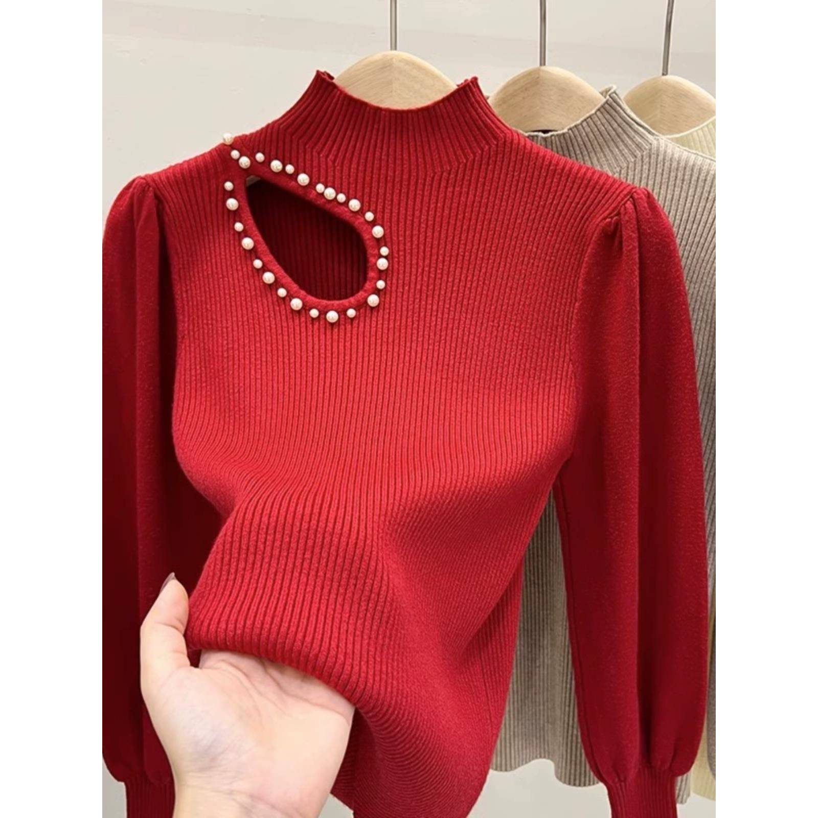 秋冬女毛衣半高领下装衬衫的妇沉重的珠剪针织衫利基长袖上1111k