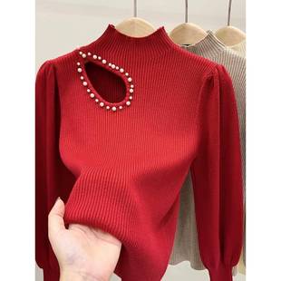 上衣长袖 秋冬女打底衫 红色镂空款 毛衣高领打底针织衫 1221k1 新款