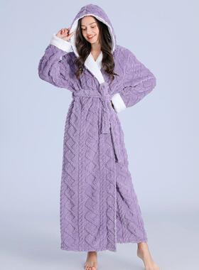 秋冬睡袍女秋冬季加长款加绒加厚2025新款紫色长袍连帽法兰1009c