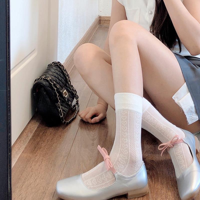 秋冬薄款爱心短袜子少女中筒堆堆袜甜美lolita白色小腿袜1016z