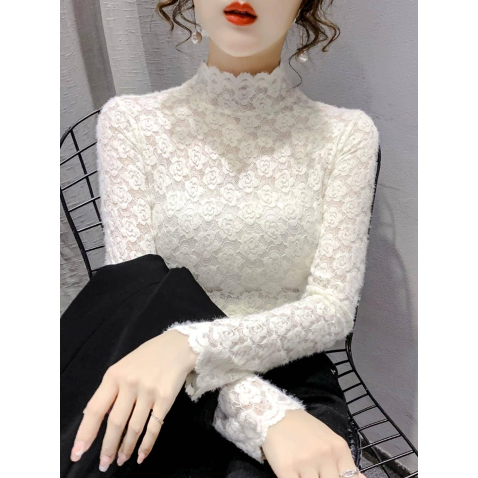 半高领蕾丝打底衫女士秋冬加厚时尚保暖洋气小衫长袖内搭网1008r1