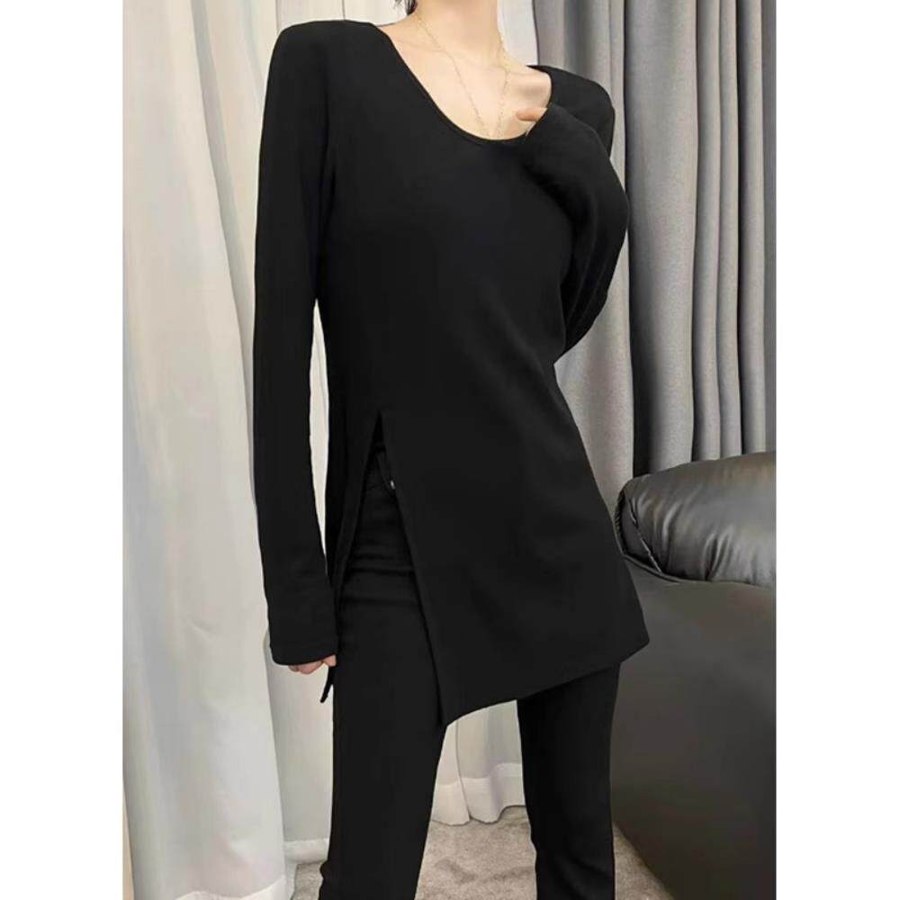 大码简约u领黑色长袖T恤女季胖mm内搭打底衫开叉中长款正肩0227w