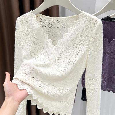 白色V领蕾丝镂空花边打底衫大码内搭修身长袖上衣1127k