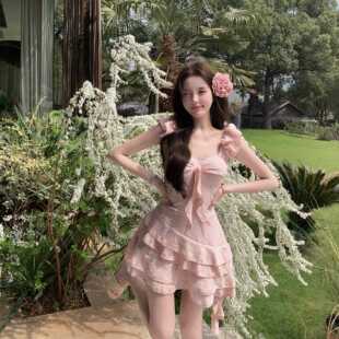 2026新款泳衣连身裙式风女神甜妹粉色度假泳装女0310r